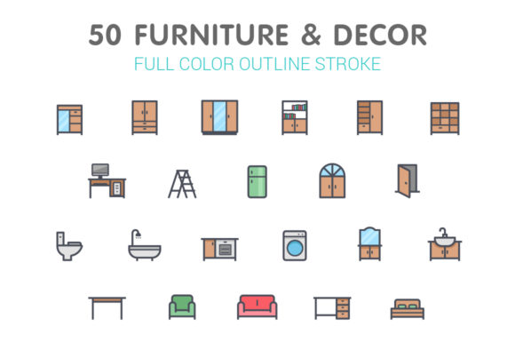 50 Furniture Decor Full-Color Icons: A Versatile Design Resource for Real-World Projects