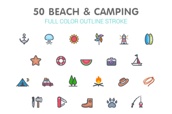 Beach Camping Full-Color Icon Set