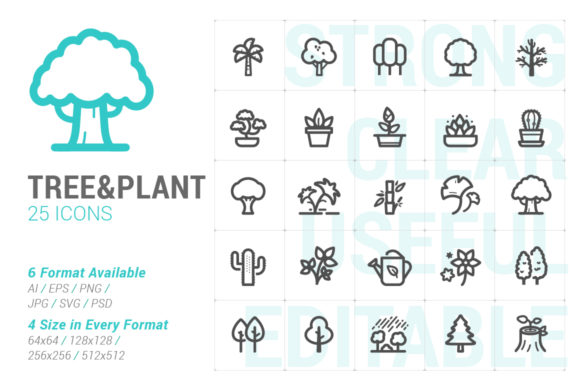 Tree Plant Strong Line Icon Set